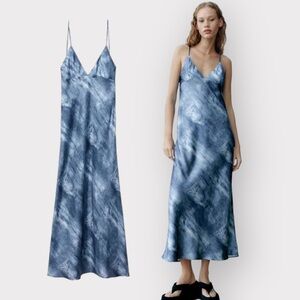 Nwot ZARA Blue Denim Print Satin Floor Length Slit Dress (Sz XS)